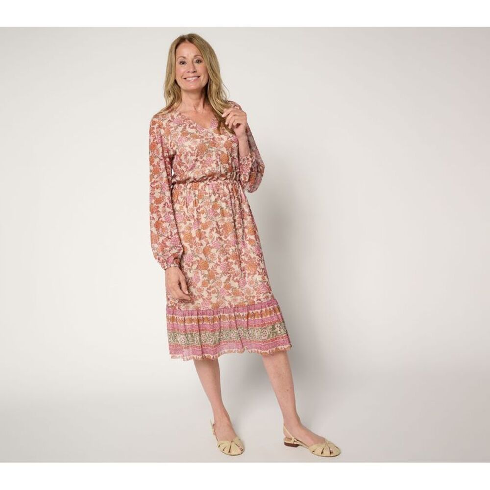 Denim & Co. Women's Plus Sz Dress 2X Canyon Retreat Printed Long Brown